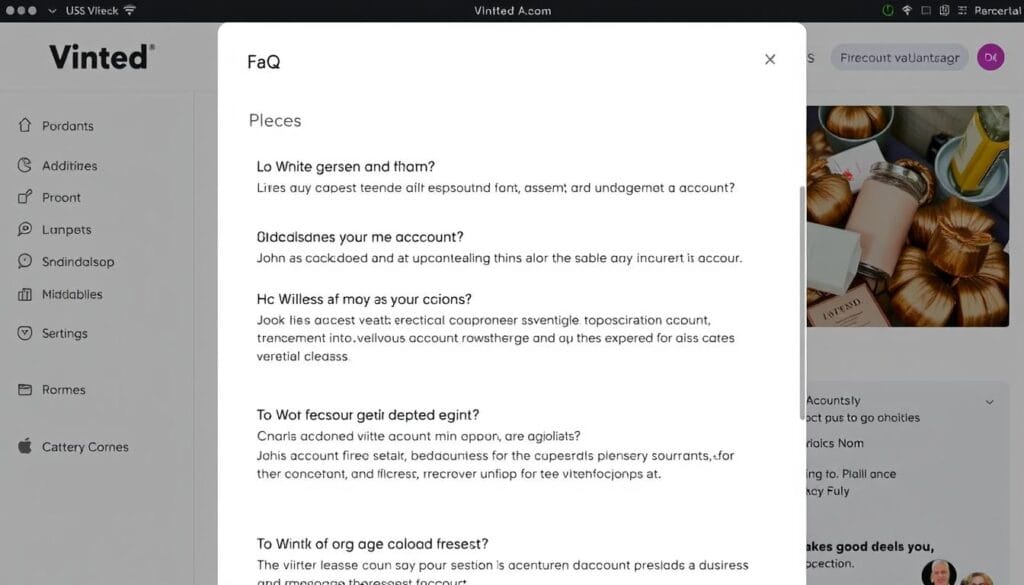 Ekran z sekcją FAQ w aplikacji Vinted, pokazujący najczęściej zadawane pytania