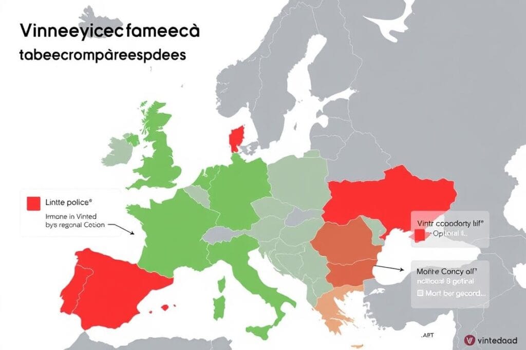 Mapa Europy pokazująca różnice w polityce Vinted dotyczącej ochrony kupujących w różnych krajach