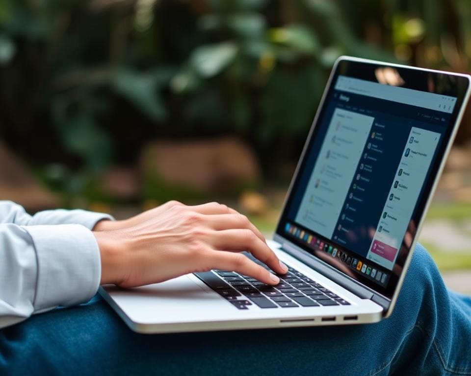 Osoba bezpiecznie zarządzająca swoimi kontami online na laptopie
