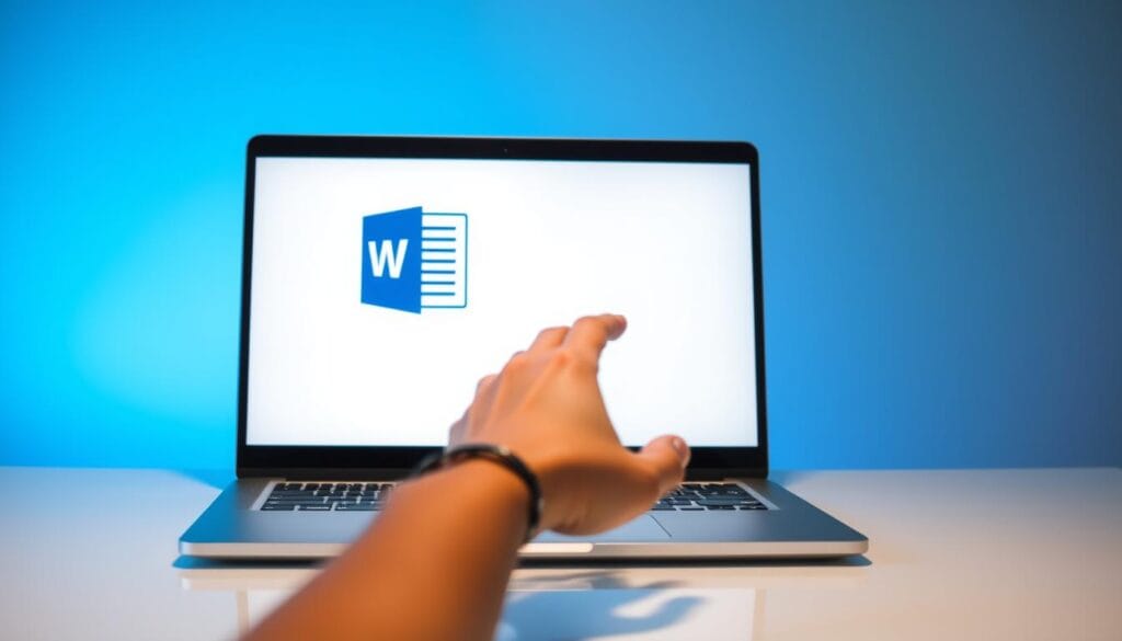 A clean, well-lit desk with a modern laptop prominently displaying the Microsoft Word logo on the screen. In the foreground, a hand is reaching towards the laptop, symbolizing the action of downloading or installing the software. The background features a subtle gradient of soft blues and grays, creating a calming, professional atmosphere. The overall scene conveys a sense of accessibility and simplicity, reflecting the process of obtaining Microsoft Word easily and legally.