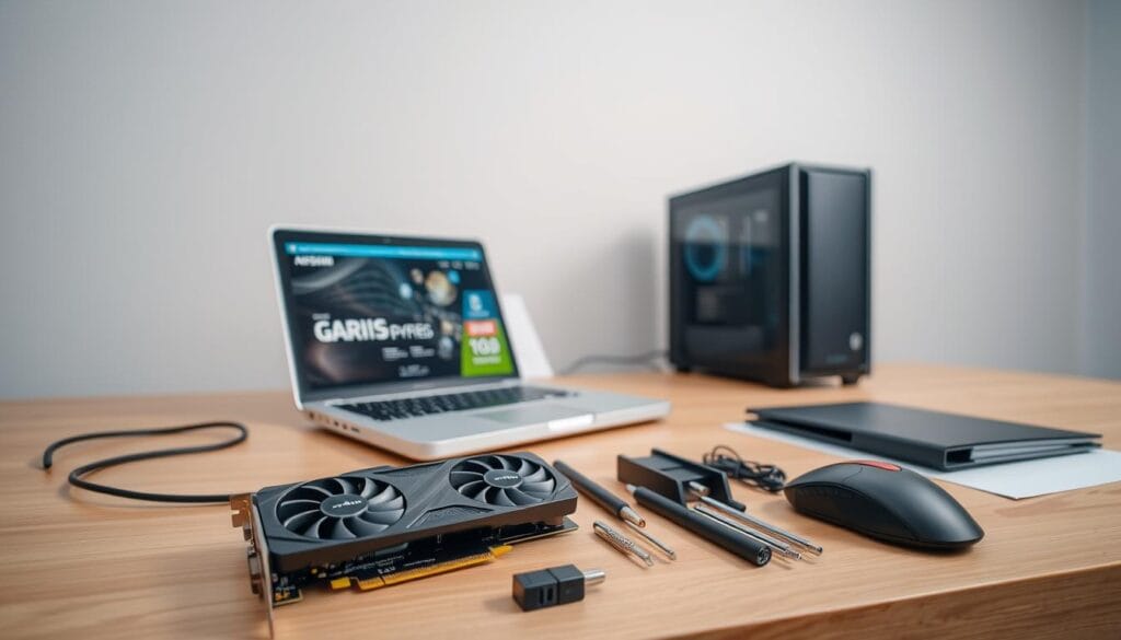 A clean, well-lit workspace with an open laptop, a mouse, and a computer tower on a sturdy wooden desk. In the foreground, a graphics card and its packaging are prominently displayed, accompanied by various tools and adapters needed for the installation process. The background features a neutral, slightly blurred wall, conveying a sense of focus and professionalism. The lighting is bright and even, highlighting the details of the hardware components. The overall atmosphere is one of preparation, with a touch of technical elegance, reflecting the meticulous steps involved in installing graphics card drivers. A clean, well-lit workspace with an open laptop, a mouse, and a computer tower on a sturdy wooden desk. In the foreground, a graphics card and its packaging are prominently displayed, accompanied by various tools and adapters needed for the installation process. The background features a neutral, slightly blurred wall, conveying a sense of focus and professionalism. The lighting is bright and even, highlighting the details of the hardware components. The overall atmosphere is one of preparation, with a touch of technical elegance, reflecting the meticulous steps involved in installing graphics card drivers.