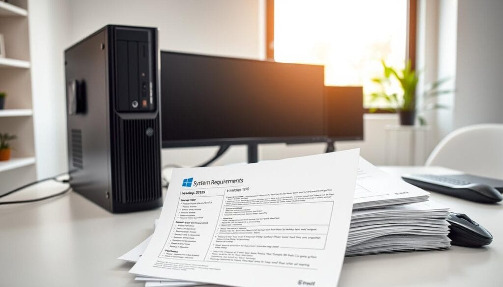 A detailed computer setup with various hardware components arranged neatly on a modern, minimalist desk. In the foreground, a sleek desktop PC tower, a high-resolution monitor, and a wireless keyboard and mouse. In the middle ground, a pile of printed system requirements for the latest Windows 10 update, with technical specifications and system compatibility information. In the background, a clean, well-lit office space with soft, natural lighting filtering through a large window, creating a sense of professionalism and organization. The overall mood is one of preparedness, attention to detail, and a methodical approach to upgrading a computer system.