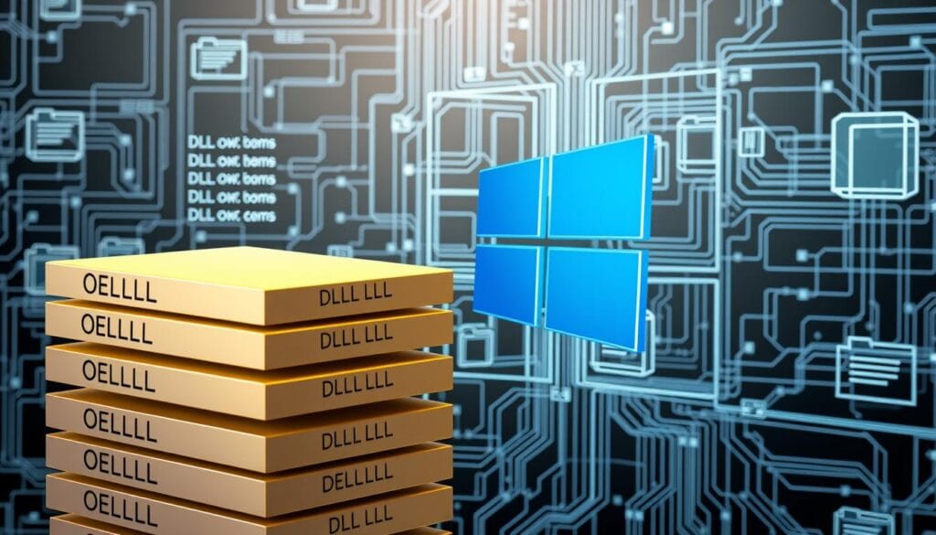 A detailed, technical illustration of the inner workings of the Windows operating system, showcasing the dynamic-link libraries (DLLs) that power its functionality. The foreground depicts a stack of DLL files, each with its own unique icon and name, representing the diverse range of system components they support. The middle ground features a stylized Windows logo, its familiar four-square design rendered in shades of blue and grey, symbolizing the core of the operating system. In the background, a wireframe diagram of the Windows file system unfolds, highlighting the intricate web of dependencies and interconnections between DLLs and other system files. The overall mood is one of technical precision and engineering complexity, conveying the critical role DLLs play in the stability and performance of the Windows platform. A detailed, technical illustration of the inner workings of the Windows operating system, showcasing the dynamic-link libraries (DLLs) that power its functionality. The foreground depicts a stack of DLL files, each with its own unique icon and name, representing the diverse range of system components they support. The middle ground features a stylized Windows logo, its familiar four-square design rendered in shades of blue and grey, symbolizing the core of the operating system. In the background, a wireframe diagram of the Windows file system unfolds, highlighting the intricate web of dependencies and interconnections between DLLs and other system files. The overall mood is one of technical precision and engineering complexity, conveying the critical role DLLs play in the stability and performance of the Windows platform.