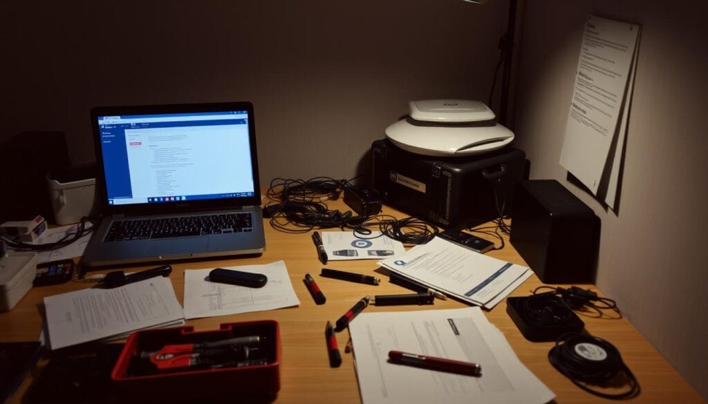 A dimly lit computer desk with a laptop, a toolkit, and various cables and tools arranged neatly. The desk is cluttered with technical manuals and documents, hinting at the preparation for a system reinstallation. A sense of focus and attention to detail pervades the scene, as if the user is methodically planning each step of the process. Soft, indirect lighting illuminates the workspace, creating an atmosphere of thoughtful concentration. The overall composition suggests a meticulous, organized approach to the task at hand.