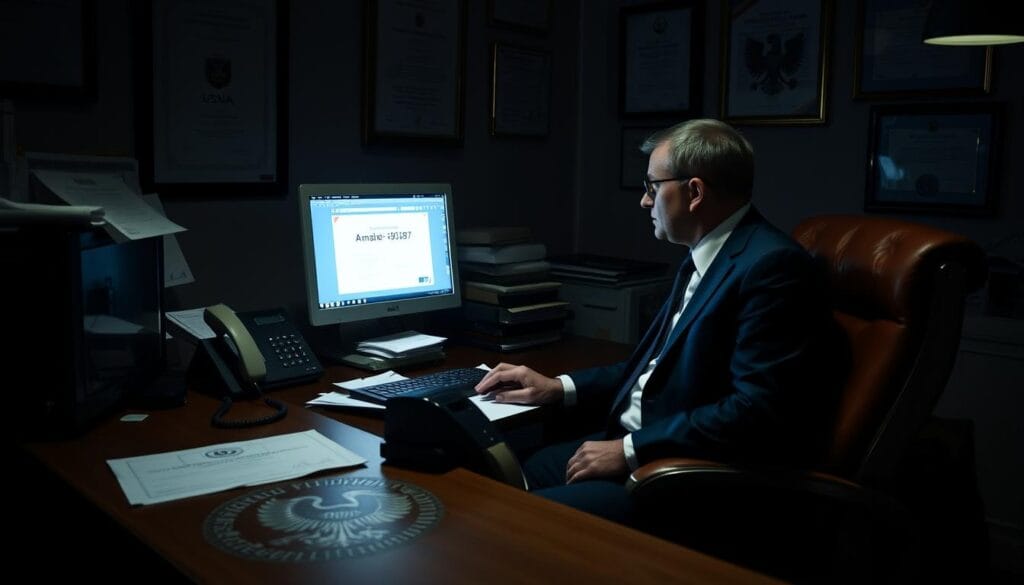 A dimly lit office interior with a government-issued desk and chair, displaying the official seal of the Polish Office of Electronic Communications (Urząd Komunikacji Elektronicznej). The desk is cluttered with paperwork, a desktop computer, and a landline telephone. A government official, wearing a smart, formal attire, sits behind the desk, intently focused on verifying a telephone number on the computer screen. The walls are adorned with framed certificates and government insignia, conveying a sense of authority and legitimacy. The lighting is subtle, creating shadows that enhance the seriousness of the scene. The overall atmosphere is one of official bureaucracy and the gravity of the verification process. A dimly lit office interior with a government-issued desk and chair, displaying the official seal of the Polish Office of Electronic Communications (Urząd Komunikacji Elektronicznej). The desk is cluttered with paperwork, a desktop computer, and a landline telephone. A government official, wearing a smart, formal attire, sits behind the desk, intently focused on verifying a telephone number on the computer screen. The walls are adorned with framed certificates and government insignia, conveying a sense of authority and legitimacy. The lighting is subtle, creating shadows that enhance the seriousness of the scene. The overall atmosphere is one of official bureaucracy and the gravity of the verification process.