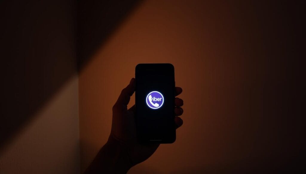 A dimly lit room, the corners shrouded in shadow, illuminated by the soft glow of a smartphone screen. In the center, a hand holds the device, the Viber app's logo prominently displayed. The background is a muted, textured wallpaper, conveying a sense of simplicity and practicality. The lighting is warm and inviting, creating a cozy atmosphere, perfect for introducing the installation process. The composition is balanced, with the smartphone occupying the foreground, and the background providing context and depth. The overall tone is one of calm and ease, reflecting the user-friendly nature of the Viber app.