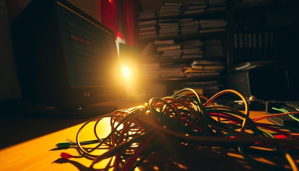 A dimly lit workstation, the glow of a computer screen casting long shadows across a cluttered desk. In the foreground, a tangled web of colorful cables, their connectors seemingly misaligned, symbolizing the challenges of missing DLL files. In the background, a looming bookshelf filled with reference manuals and technical documents, hinting at the complexity of the problem. The scene is bathed in a warm, amber-toned light, creating a sense of contemplation and problem-solving. The overall atmosphere conveys the frustration and confusion experienced when confronting DLL-related errors, inviting the viewer to delve deeper into the causes and potential solutions. A dimly lit workstation, the glow of a computer screen casting long shadows across a cluttered desk. In the foreground, a tangled web of colorful cables, their connectors seemingly misaligned, symbolizing the challenges of missing DLL files. In the background, a looming bookshelf filled with reference manuals and technical documents, hinting at the complexity of the problem. The scene is bathed in a warm, amber-toned light, creating a sense of contemplation and problem-solving. The overall atmosphere conveys the frustration and confusion experienced when confronting DLL-related errors, inviting the viewer to delve deeper into the causes and potential solutions.