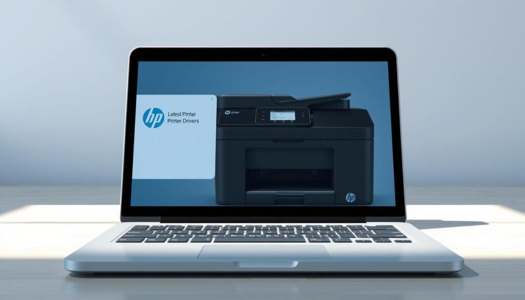 A high-quality, realistic digital illustration showcasing the latest HP printer drivers. The foreground prominently displays an open laptop screen, with the HP driver installation interface in clear focus. The middle ground features an HP printer, rendered in intricate detail, standing upright and ready for setup. The background subtly fades into a clean, minimalist workspace, allowing the core elements to take center stage. Soft, directional lighting casts natural shadows, enhancing the three-dimensional depth and creating a professional, technical atmosphere. The overall composition is balanced, drawing the viewer's attention to the essential components of the driver installation process. A high-quality, realistic digital illustration showcasing the latest HP printer drivers. The foreground prominently displays an open laptop screen, with the HP driver installation interface in clear focus. The middle ground features an HP printer, rendered in intricate detail, standing upright and ready for setup. The background subtly fades into a clean, minimalist workspace, allowing the core elements to take center stage. Soft, directional lighting casts natural shadows, enhancing the three-dimensional depth and creating a professional, technical atmosphere. The overall composition is balanced, drawing the viewer's attention to the essential components of the driver installation process.