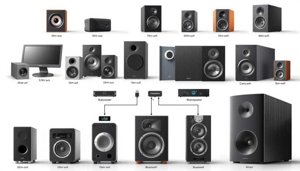 A high-quality, technical illustration of various computer speaker types arranged in a visually organized layout. The foreground showcases a diverse selection of speaker designs including compact desktop speakers, larger bookshelf speakers, and subwoofers with precise details like driver sizes, ports, and control interfaces. The middle ground contains a clean, minimalist arrangement highlighting the different speaker connection types such as 3.5mm aux, USB, and wireless Bluetooth. The background provides a neutral, softly defocused backdrop allowing the speakers to be the focal point. Lighting is clean, directional, and brings out the textures and materials of the hardware. The overall mood is informative, educational, and visually appealing to complement the article's subject. A high-quality, technical illustration of various computer speaker types arranged in a visually organized layout. The foreground showcases a diverse selection of speaker designs including compact desktop speakers, larger bookshelf speakers, and subwoofers with precise details like driver sizes, ports, and control interfaces. The middle ground contains a clean, minimalist arrangement highlighting the different speaker connection types such as 3.5mm aux, USB, and wireless Bluetooth. The background provides a neutral, softly defocused backdrop allowing the speakers to be the focal point. Lighting is clean, directional, and brings out the textures and materials of the hardware. The overall mood is informative, educational, and visually appealing to complement the article's subject.