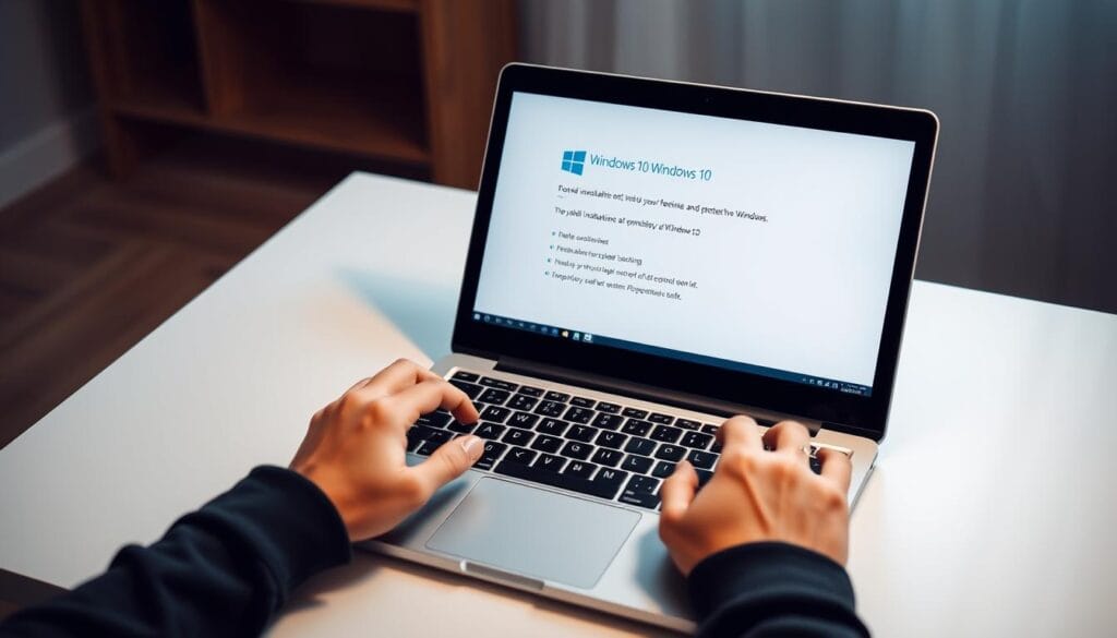 A laptop computer resting on a clean, minimalist desk, its screen displaying the Windows 10 installation interface. The user's hands are poised over the keyboard, ready to input their preferences and settings. The lighting is soft and diffused, creating a calm, focused atmosphere. The background is blurred, drawing the viewer's attention to the laptop's screen, which is the center of the scene. The overall composition conveys a sense of purpose and attention to detail, reflecting the step-by-step process of reinstalling the Windows 10 operating system.