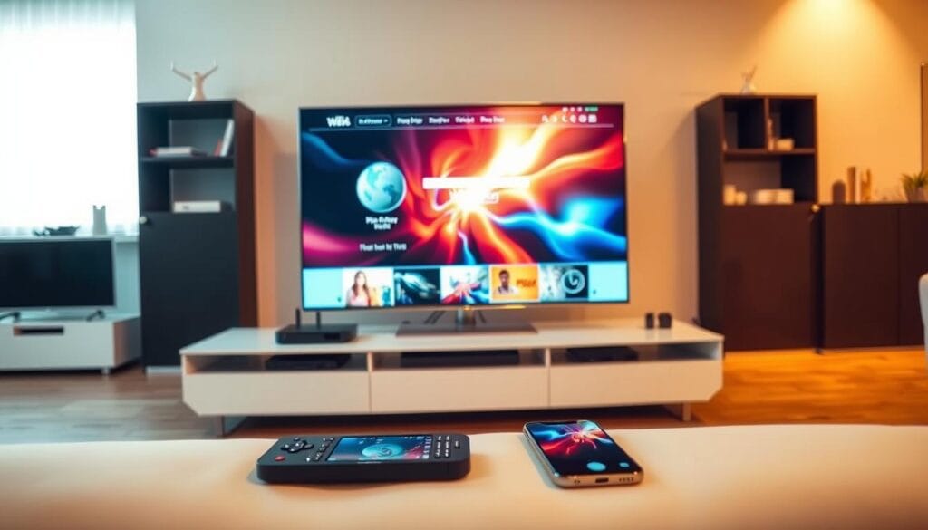 A living room with a large, sleek flat-screen TV at the center, displaying a vibrant, interactive web interface. The TV sits atop a modern, minimalist entertainment unit, surrounded by other connected devices like a streaming box and a wireless router. The room is bathed in warm, ambient lighting, creating a cozy and inviting atmosphere. In the foreground, a remote control and a smartphone are visible, emphasizing the seamless integration of internet and television. The overall scene conveys the idea of a technologically-advanced, yet comfortable home environment where the boundaries between the digital and physical worlds are blurred.