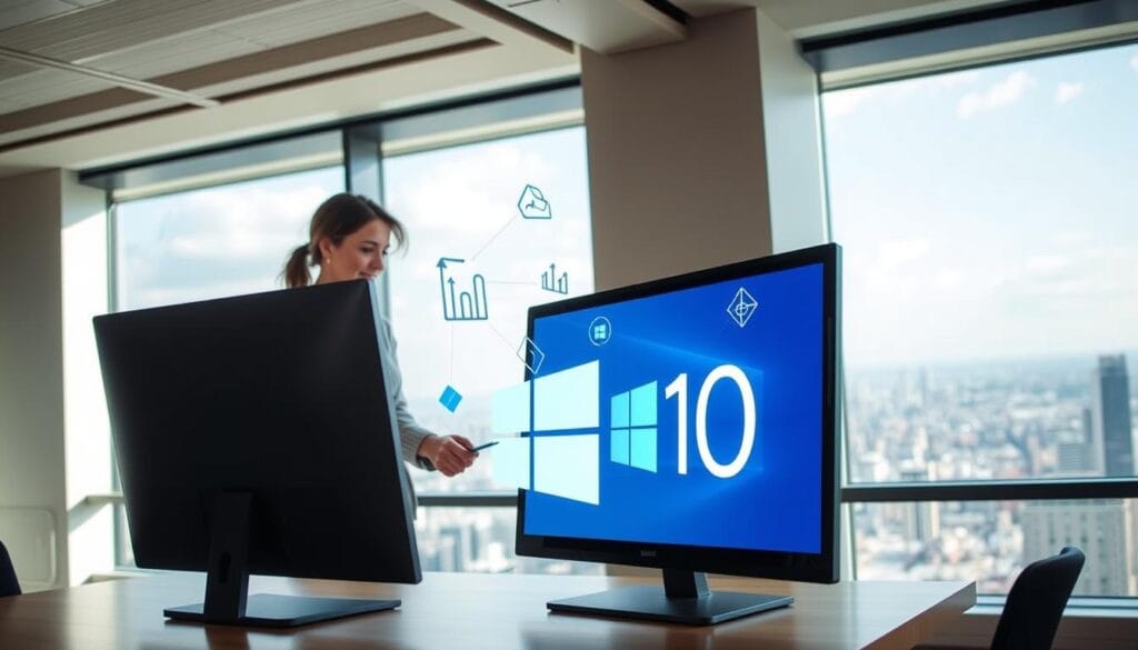 A modern, airy office setting with a large window overlooking a cityscape. In the foreground, a sleek desktop computer displaying a Windows 10 interface, its screen illuminated by natural light. On the desk, a stylized icon depicting the Windows 10 logo, surrounded by floating geometric shapes and data visualization elements, symbolizing the benefits and features of the operating system upgrade. The middle ground features a businessperson in a casual, professional attire, interacting with the computer, their face expressing a sense of productivity and satisfaction. The background showcases a panoramic view of a bustling metropolitan area, suggesting the interconnectivity and technological advancement enabled by the Windows 10 platform.