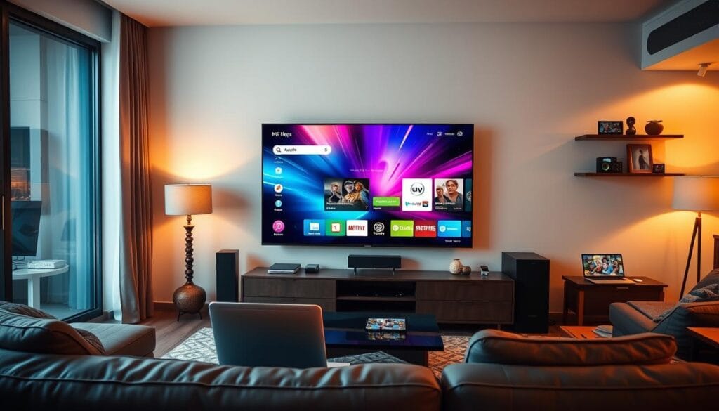 A modern living room with a large flat-screen television set prominently displayed, surrounded by various internet-enabled devices such as laptops, tablets, and smartphones. The room is well-lit, with a warm, inviting atmosphere created by soft, ambient lighting. The television screen displays a dynamic, vivid interface showcasing seamless integration with online content and streaming services. The overall scene conveys a sense of technological convergence, where the boundaries between traditional media and the internet have blurred, enabling a seamless and immersive entertainment experience.