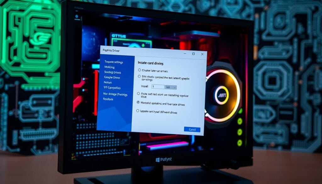 A sleek, modern desktop computer with a high-end GPU and a colorful user interface on the screen, depicting the process of updating graphics card drivers. The foreground showcases an open settings window with options to check for and install the latest driver version. The middle ground features a glowing, futuristic-looking graphics card integrated into the system, while the background has a blurred array of technical schematics and diagrams related to computer hardware. The overall scene conveys a sense of technological sophistication and the importance of keeping your graphics hardware up-to-date. A sleek, modern desktop computer with a high-end GPU and a colorful user interface on the screen, depicting the process of updating graphics card drivers. The foreground showcases an open settings window with options to check for and install the latest driver version. The middle ground features a glowing, futuristic-looking graphics card integrated into the system, while the background has a blurred array of technical schematics and diagrams related to computer hardware. The overall scene conveys a sense of technological sophistication and the importance of keeping your graphics hardware up-to-date.