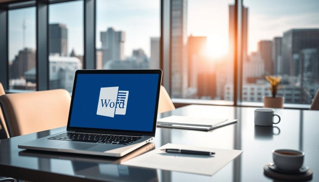 A sleek, modern office setting with a professional atmosphere. In the foreground, a laptop screen displays the Microsoft Word logo, conveying the legality and authorized use of the software. The middle ground features a neatly organized desk with a pen, paper, and a cup of coffee, suggesting a productive work environment. In the background, a large window overlooking a bustling city skyline casts a warm, natural light across the scene. The overall composition exudes a sense of legitimacy, efficiency, and the seamless integration of Microsoft Word into a legal and ethical workflow.