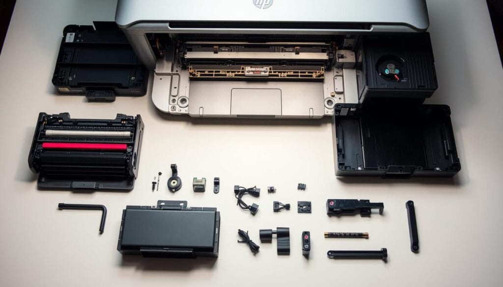 A well-lit, close-up view of a disassembled Hewlett-Packard (HP) printer, showcasing its internal components arranged on a clean, white surface. The printer's top cover is open, revealing the print cartridges, rollers, and other essential parts. The scene exudes a sense of order and technical precision, inviting the viewer to explore the intricacies of printer preparation. The lighting is soft and diffused, creating a crisp, high-quality image that highlights the details of the printer's mechanical design. The overall composition emphasizes the importance of properly preparing the printer before installation, aligning with the article's focus on the preparatory steps. A well-lit, close-up view of a disassembled Hewlett-Packard (HP) printer, showcasing its internal components arranged on a clean, white surface. The printer's top cover is open, revealing the print cartridges, rollers, and other essential parts. The scene exudes a sense of order and technical precision, inviting the viewer to explore the intricacies of printer preparation. The lighting is soft and diffused, creating a crisp, high-quality image that highlights the details of the printer's mechanical design. The overall composition emphasizes the importance of properly preparing the printer before installation, aligning with the article's focus on the preparatory steps.