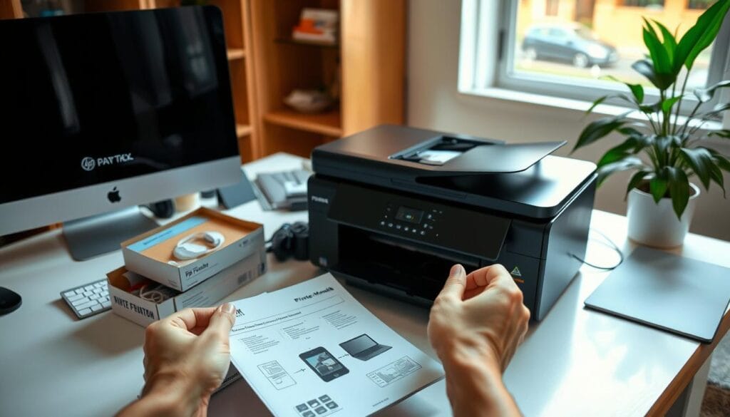 A well-lit office desk with a computer, a box of printer cables, and a printer manual placed neatly on the surface. In the foreground, a pair of hands carefully unpacking the printer from its packaging, ready to begin the installation process. The background features a bookshelf and a potted plant, creating a cozy and organized work environment. The scene conveys a sense of preparation, attention to detail, and anticipation for the upcoming installation task. A well-lit office desk with a computer, a box of printer cables, and a printer manual placed neatly on the surface. In the foreground, a pair of hands carefully unpacking the printer from its packaging, ready to begin the installation process. The background features a bookshelf and a potted plant, creating a cozy and organized work environment. The scene conveys a sense of preparation, attention to detail, and anticipation for the upcoming installation task.