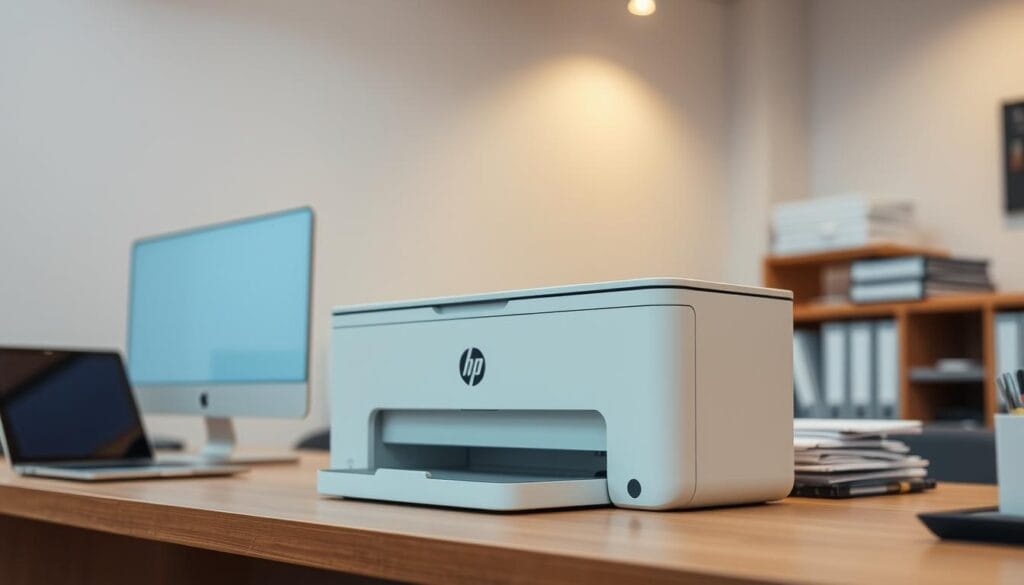 A well-lit office desk with a sleek HP printer sitting prominently on the surface. The printer's elegant design and clean lines are the focal point, with a warm, diffuse lighting illuminating it from above. In the background, a neatly organized workspace with a laptop, a stack of documents, and a few office supplies create a professional, productive atmosphere. The angle is slightly elevated, allowing the viewer to appreciate the printer's form and the overall clean, minimalist aesthetic of the scene. A well-lit office desk with a sleek HP printer sitting prominently on the surface. The printer's elegant design and clean lines are the focal point, with a warm, diffuse lighting illuminating it from above. In the background, a neatly organized workspace with a laptop, a stack of documents, and a few office supplies create a professional, productive atmosphere. The angle is slightly elevated, allowing the viewer to appreciate the printer's form and the overall clean, minimalist aesthetic of the scene.