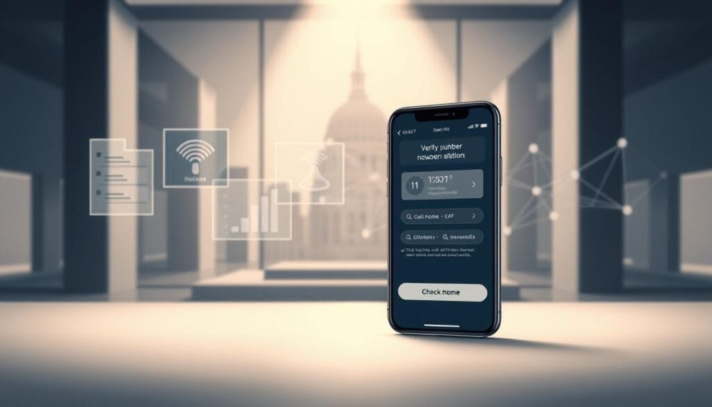 Detailed illustration of the process of verifying a phone number's network affiliation. Set in a stylized, technical environment with clean lines and muted tones. Display a smartphone in the foreground, its screen showing an interface for checking network details. In the middle ground, abstract data visualizations and network diagrams. In the background, a minimalist architectural scene suggesting an office or technology hub setting. Employ a cinematic, slightly high-angle perspective to convey a sense of professionalism and authority. Lighting should be soft and directional, creating depth and emphasizing the technical elements. Overall, the image should have a sleek, modern aesthetic that effectively conveys the informational and instructional nature of the topic. Detailed illustration of the process of verifying a phone number's network affiliation. Set in a stylized, technical environment with clean lines and muted tones. Display a smartphone in the foreground, its screen showing an interface for checking network details. In the middle ground, abstract data visualizations and network diagrams. In the background, a minimalist architectural scene suggesting an office or technology hub setting. Employ a cinematic, slightly high-angle perspective to convey a sense of professionalism and authority. Lighting should be soft and directional, creating depth and emphasizing the technical elements. Overall, the image should have a sleek, modern aesthetic that effectively conveys the informational and instructional nature of the topic.
