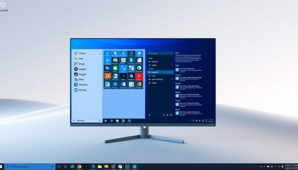 a clean, modern desktop interface with a sleek taskbar, start menu, and icons, showcasing the streamlined design of a new Windows operating system. The foreground features a central display with a subtle gradient background, while the middle ground includes an array of neatly organized app windows and system settings. The background subtly hints at a minimalist, futuristic environment with soft lighting and a sense of depth, creating an immersive and visually appealing representation of the "nowy system operacyjny".