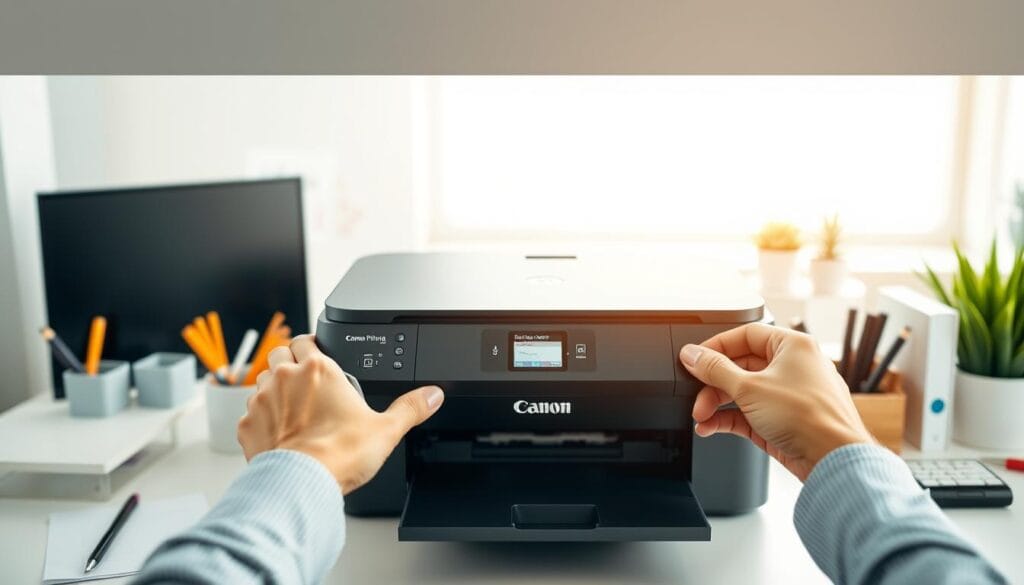 A bright and clean office setting, with a modern Canon printer on a desk surrounded by organizational supplies. The printer is the focal point, with its intricate details and sleek design clearly visible. The user's hands are visible, carefully guiding the printer through the step-by-step installation process. Soft, natural lighting illuminates the scene, creating a sense of clarity and professionalism. The background is blurred, allowing the printer and installation steps to stand out prominently. The overall mood is one of precision, efficiency, and a step-by-step approach to setting up the printer.