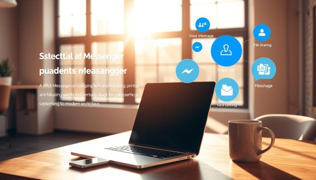 A clean, modern office setting with a laptop, smartphone, and coffee mug on a wooden desk. Warm, natural lighting filters through large windows, casting a cozy glow. In the background, an abstract, minimalist representation of Messenger's key features and functionality - seamless messaging, voice and video calls, file sharing, and group collaboration. The overall mood is professional yet approachable, showcasing Messenger as an essential productivity tool for the modern workplace.