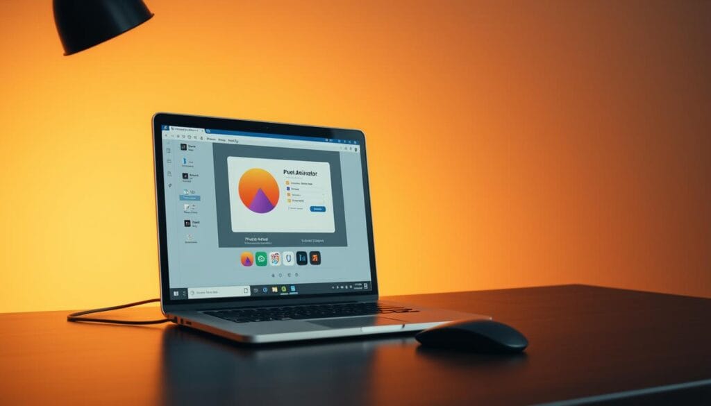 A clean, well-lit desktop workspace with a laptop computer, a mouse, and a Pivot Animator software window prominently displayed on the screen. The laptop is positioned at a slight angle, creating a sense of dynamism and focus on the Pivot Animator interface. The background is a muted, neutral color, allowing the software window to stand out. Warm, diffused lighting illuminates the scene, creating a professional, productive atmosphere. The overall composition is balanced and inviting, guiding the viewer's attention towards the Pivot Animator software and its installation process.