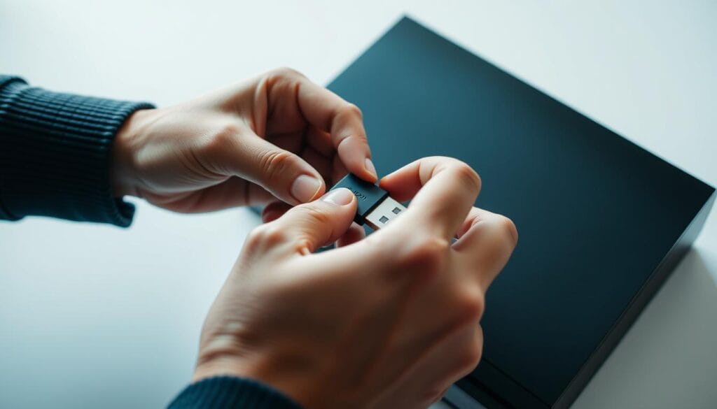 A close-up of a person's hands carefully preparing a USB storage device for use with a PlayStation 3 console. The hands are meticulously inserting the USB drive into the PS3's port, with a focused expression on the face. The background is clean and minimalist, allowing the main action to be the central focus. The lighting is soft and diffused, creating a calm, professional atmosphere. The angle is slightly elevated, giving a bird's-eye view of the process, emphasizing the delicate and technical nature of the task at hand.
