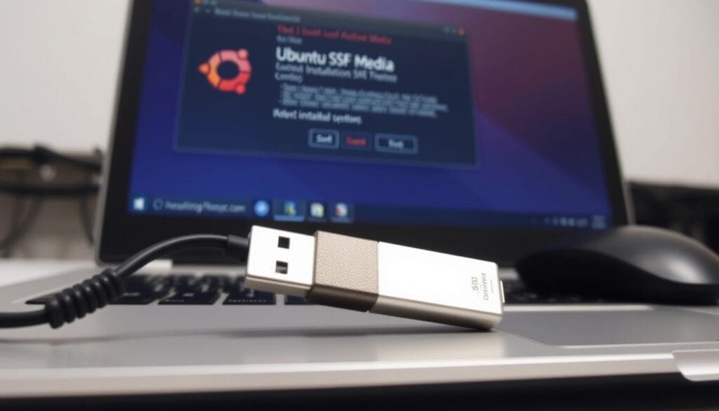 A close-up view of a computer desktop showing the process of creating a USB installation media for Ubuntu Linux. The foreground features a USB flash drive inserted into a laptop's USB port, with the screen displaying the Ubuntu installation media creation software. The middle ground showcases the laptop's keyboard and mouse, suggesting user interaction. The background subtly blurs, maintaining focus on the installation media preparation. The lighting is soft and even, creating a calm, focused atmosphere suitable for a step-by-step tutorial. The overall composition highlights the technical nature of the task while conveying a sense of progress and accomplishment. A close-up view of a computer desktop showing the process of creating a USB installation media for Ubuntu Linux. The foreground features a USB flash drive inserted into a laptop's USB port, with the screen displaying the Ubuntu installation media creation software. The middle ground showcases the laptop's keyboard and mouse, suggesting user interaction. The background subtly blurs, maintaining focus on the installation media preparation. The lighting is soft and even, creating a calm, focused atmosphere suitable for a step-by-step tutorial. The overall composition highlights the technical nature of the task while conveying a sense of progress and accomplishment.