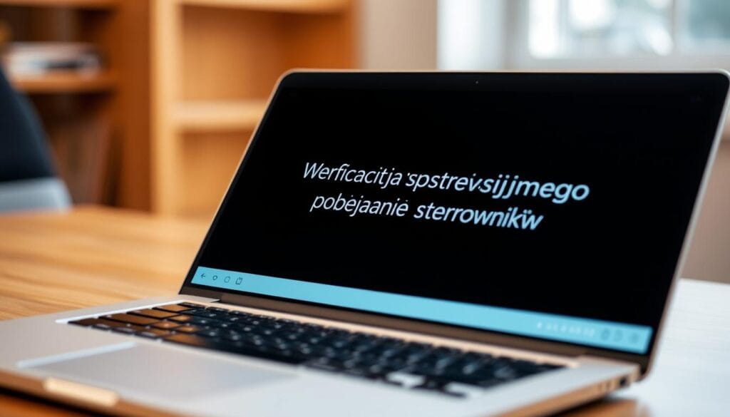 A close-up view of a laptop screen displaying a software update interface, with the text "Weryfikacja systemu operacyjnego i pobieranie sterowników" prominently displayed. The screen is well-lit, with a soft, warm glow emanating from the display. The laptop is positioned at a slightly elevated angle, allowing for a clear view of the interface. The background is blurred, creating a focus on the laptop and the software update process. The overall scene conveys a sense of diligence and attention to detail, reflecting the importance of the task at hand.