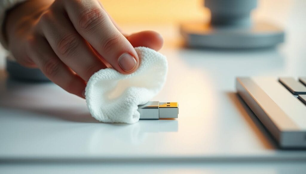 A close-up view of a person's hands carefully preparing a USB flash drive for formatting. The person is meticulously wiping the drive's surface with a soft, lint-free cloth, removing any dust or debris. The drive is positioned on a clean, minimalist desk or workspace, with a subtle warm lighting illuminating the scene. The background is blurred, keeping the focus on the delicate task at hand. The composition emphasizes the attention to detail and the importance of proper preparation for the subsequent steps of the installation process.