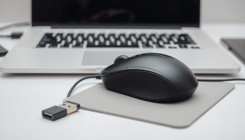 A close-up view of a wireless mouse being prepared for use on a clean, organized desk. The mouse is placed atop a neutral-colored mouse pad, its USB receiver plugged into a laptop's USB port. The laptop's screen is slightly blurred in the background, placing the focus on the mouse setup. The lighting is soft and diffused, creating a calm, professional atmosphere. The composition is balanced, with the mouse positioned centrally and taking up a significant portion of the frame. The image conveys a sense of simplicity and efficiency, reflecting the section's title "Przygotowanie sprzętu i podstawowe ustawienia". A close-up view of a wireless mouse being prepared for use on a clean, organized desk. The mouse is placed atop a neutral-colored mouse pad, its USB receiver plugged into a laptop's USB port. The laptop's screen is slightly blurred in the background, placing the focus on the mouse setup. The lighting is soft and diffused, creating a calm, professional atmosphere. The composition is balanced, with the mouse positioned centrally and taking up a significant portion of the frame. The image conveys a sense of simplicity and efficiency, reflecting the section's title "Przygotowanie sprzętu i podstawowe ustawienia".