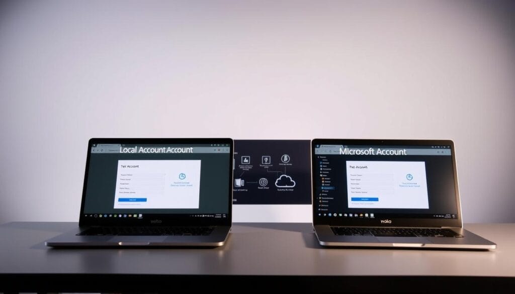 A comparison of a local account and a Microsoft account, set against a sleek, minimalist backdrop. In the foreground, two laptop screens display the two account types side-by-side, highlighting their distinct features and interfaces. The middle ground features a stylized graphical representation, such as icons or diagrams, showcasing the key differences between the two account options. The background is a clean, neutral palette, allowing the focal elements to stand out clearly. The lighting is soft and evenly distributed, creating a professional, informative tone. The camera angle is slightly elevated, providing a clear, unobstructed view of the comparative display.