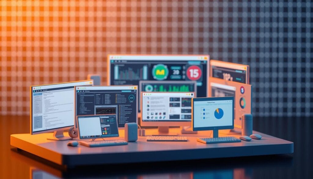 A complex, three-dimensional software interface with a well-organized layout. In the foreground, a series of nested windows and tabs, illuminated by warm, diffused lighting that creates a sense of depth and dimensionality. The middle ground features various icons, controls, and indicators, arranged in a logical, user-friendly manner. In the background, a subtle, blurred grid pattern suggests the underlying architecture of the software, conveying a sense of technical precision and attention to detail. The overall scene has a clean, modern aesthetic, with a calming, professional atmosphere that reflects the functionality and reliability of the program.