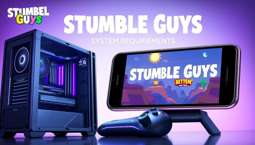 A detailed, technical illustration of the system requirements for Stumble Guys, a vibrant and whimsical battle royale game. In the foreground, a sleek gaming PC with modern hardware components. In the middle ground, a smartphone with a crisp display, showcasing the game's mobile capabilities. In the background, a subtle gradient backdrop, conveying a sense of techno-futuristic elegance. The lighting is soft and diffused, highlighting the devices' premium finishes. The overall composition is balanced and visually appealing, reflecting the game's accessibility and broad appeal across platforms. A detailed, technical illustration of the system requirements for Stumble Guys, a vibrant and whimsical battle royale game. In the foreground, a sleek gaming PC with modern hardware components. In the middle ground, a smartphone with a crisp display, showcasing the game's mobile capabilities. In the background, a subtle gradient backdrop, conveying a sense of techno-futuristic elegance. The lighting is soft and diffused, highlighting the devices' premium finishes. The overall composition is balanced and visually appealing, reflecting the game's accessibility and broad appeal across platforms.