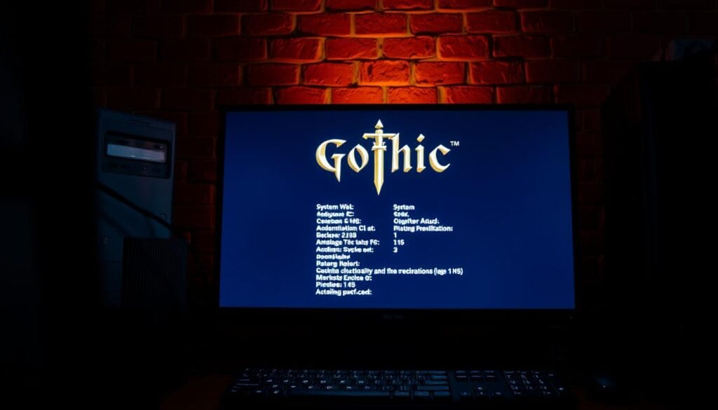 A dimly lit gaming setup showcasing the system requirements for the classic PC game Gothic. In the foreground, a detailed desktop computer with various ports and components, casting a soft glow. In the middle ground, a high-resolution display showing the Gothic logo and system specifications in a clean, minimalist layout. The background features a subtly textured brick wall, creating a cozy, retro atmosphere. The lighting is warm and inviting, with subtle shadows and highlights emphasizing the technical details. The overall composition conveys a sense of nostalgia and the enduring appeal of this iconic RPG.