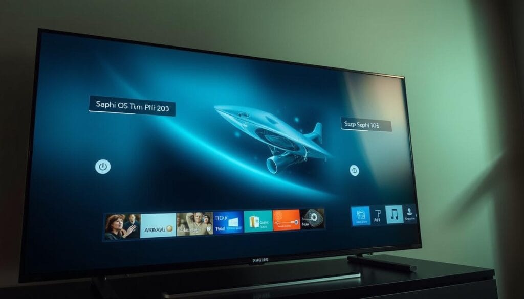 A high-quality, professionally rendered image showcasing the Saphi OS and Titan OS user interfaces for Philips televisions. The scene depicts a sleek, modern TV screen displaying the distinct visual styles and menu layouts of the two proprietary operating systems. Lighting is soft and diffused, creating a premium, high-tech aesthetic. The camera angle is slightly elevated, providing an engaging, immersive perspective. The overall mood is one of clarity, intuitiveness, and technological sophistication befitting the article's subject matter.