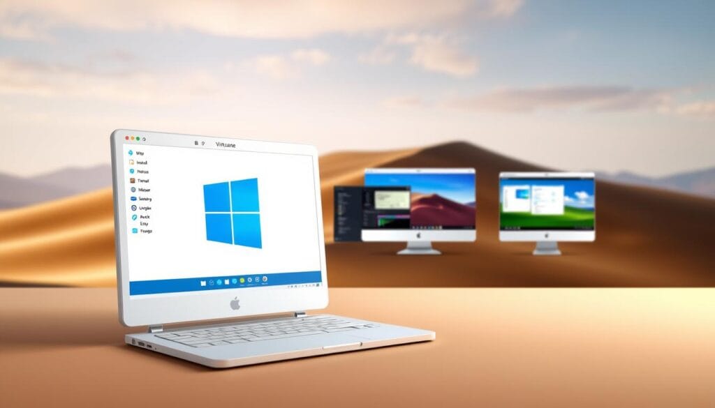 A high-quality, visually-striking 3D rendering of virtualization software for the Windows operating system. The scene depicts the software interface in the foreground, with a clean, minimalist design and intuitive controls. The middle ground showcases various virtual machine windows, each running a different application or environment. The background features a subtle, blurred landscape of rolling hills and a tranquil sky, creating a sense of depth and balance. Soft, directional lighting emanates from the top-left, casting subtle shadows and highlights to accentuate the 3D elements. The overall mood is professional, authoritative, and tech-savvy, perfectly suited to illustrate the process of installing Windows on a Mac without using Boot Camp. A high-quality, visually-striking 3D rendering of virtualization software for the Windows operating system. The scene depicts the software interface in the foreground, with a clean, minimalist design and intuitive controls. The middle ground showcases various virtual machine windows, each running a different application or environment. The background features a subtle, blurred landscape of rolling hills and a tranquil sky, creating a sense of depth and balance. Soft, directional lighting emanates from the top-left, casting subtle shadows and highlights to accentuate the 3D elements. The overall mood is professional, authoritative, and tech-savvy, perfectly suited to illustrate the process of installing Windows on a Mac without using Boot Camp.