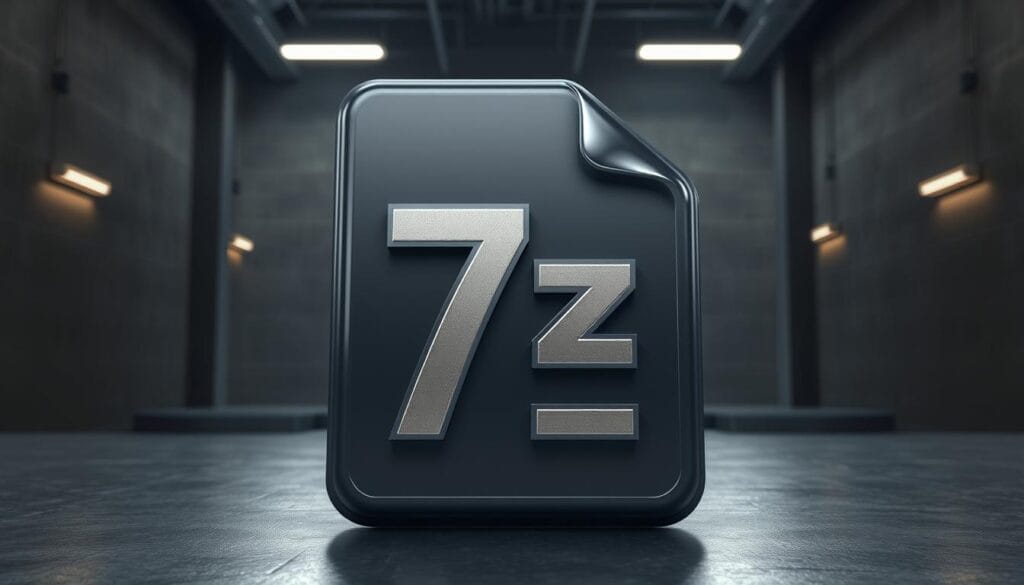 A high-resolution, detailed 3D render of the 7z file compression format icon. The icon is shown in the foreground, displayed on a reflective, metallic surface. The background is a dimly lit, industrial-style interior with concrete walls and subtle lighting from overhead fixtures, creating a sense of depth and atmosphere. The 7z icon is rendered with realistic materials and textures, such as a glossy, plastic-like casing and a metallic emblem, showcasing the technical and professional nature of the format. The overall composition and lighting emphasize the icon's importance and the versatility of the 7z format.