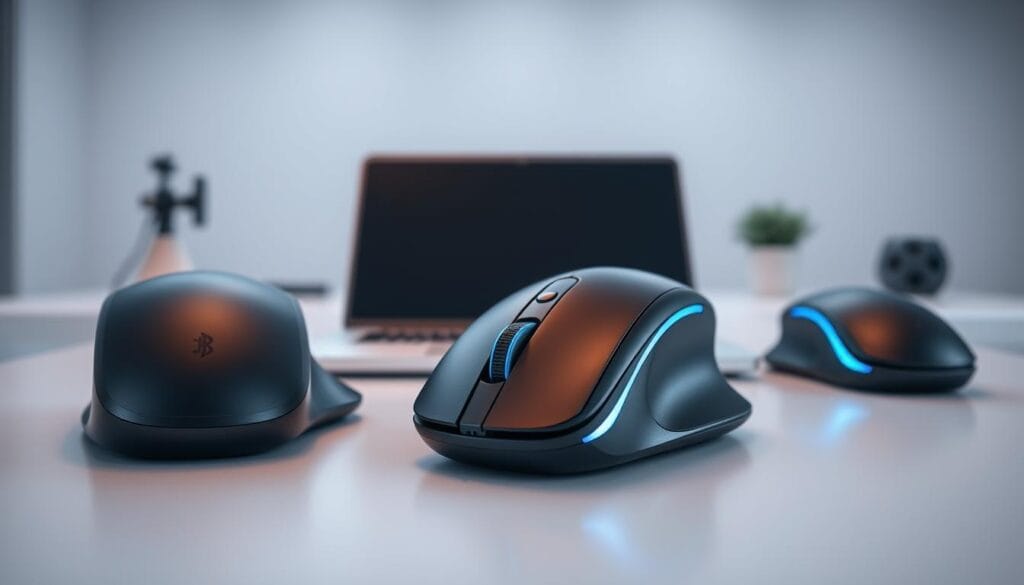 A high-resolution, detailed image of wireless computer mice with Bluetooth technology. The mice are depicted in the foreground, showcasing their sleek, modern designs and highlighting the Bluetooth connectivity feature. In the middle ground, there is a laptop or desktop computer, symbolizing the seamless integration of the wireless mice. The background features a minimalist, clean workspace environment with subtle office or technology-related elements. The lighting is soft and evenly distributed, creating a professional and sophisticated atmosphere. The overall composition emphasizes the convenience and advanced technology of Bluetooth wireless mice. A high-resolution, detailed image of wireless computer mice with Bluetooth technology. The mice are depicted in the foreground, showcasing their sleek, modern designs and highlighting the Bluetooth connectivity feature. In the middle ground, there is a laptop or desktop computer, symbolizing the seamless integration of the wireless mice. The background features a minimalist, clean workspace environment with subtle office or technology-related elements. The lighting is soft and evenly distributed, creating a professional and sophisticated atmosphere. The overall composition emphasizes the convenience and advanced technology of Bluetooth wireless mice.