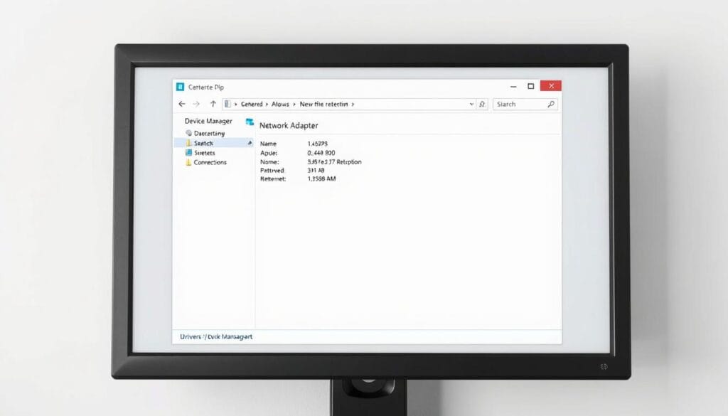 A highly detailed, photorealistic image of the Network Adapter section in the Device Manager window on a computer screen. The window is displayed against a clean, uncluttered background, with the window's title and tabs clearly visible. The Network Adapter entry is highlighted, showcasing its properties and details, including the device name, manufacturer, and connection status. The overall scene conveys a sense of clarity and focus, emphasizing the importance of this step in the driver installation process. A highly detailed, photorealistic image of the Network Adapter section in the Device Manager window on a computer screen. The window is displayed against a clean, uncluttered background, with the window's title and tabs clearly visible. The Network Adapter entry is highlighted, showcasing its properties and details, including the device name, manufacturer, and connection status. The overall scene conveys a sense of clarity and focus, emphasizing the importance of this step in the driver installation process.