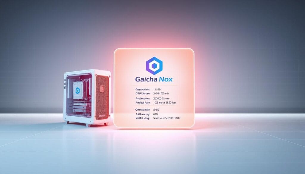 A highly detailed, technical illustration of the system requirements for the Gacha Nox application. The foreground shows a 3D model of a desktop computer with various hardware components such as a CPU, GPU, RAM, and storage drive, all rendered in a minimalist, schematic style. The middle ground features a holographic display panel showcasing the Gacha Nox logo and key system specifications, including operating system, processor, memory, and storage requirements. The background is a clean, modern space with subtle grid patterns and soft, directional lighting, creating a sense of technological sophistication. The overall composition conveys a professional, informative tone suitable for a technical manual or product documentation. A highly detailed, technical illustration of the system requirements for the Gacha Nox application. The foreground shows a 3D model of a desktop computer with various hardware components such as a CPU, GPU, RAM, and storage drive, all rendered in a minimalist, schematic style. The middle ground features a holographic display panel showcasing the Gacha Nox logo and key system specifications, including operating system, processor, memory, and storage requirements. The background is a clean, modern space with subtle grid patterns and soft, directional lighting, creating a sense of technological sophistication. The overall composition conveys a professional, informative tone suitable for a technical manual or product documentation.