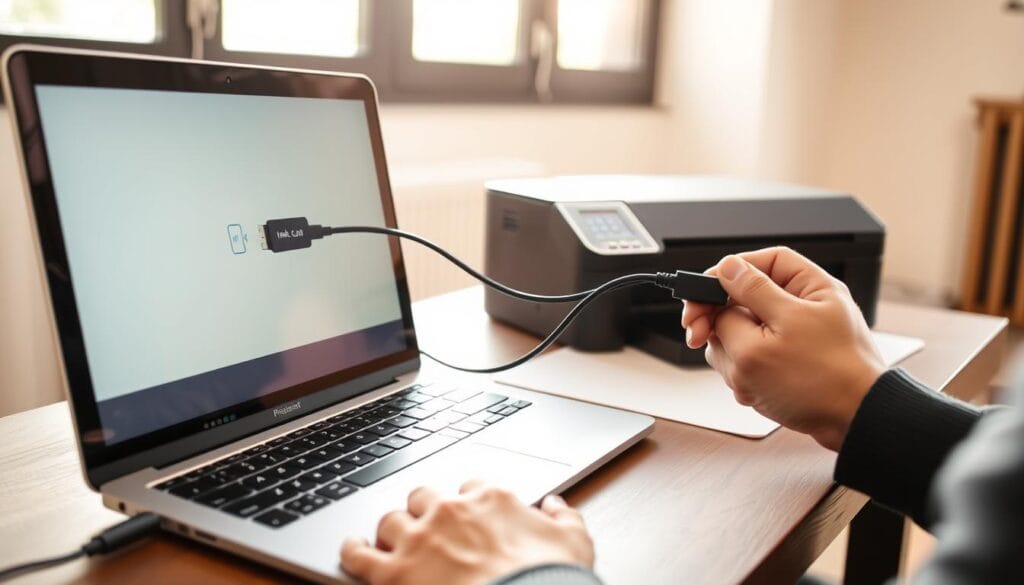 A laptop sitting on a desk, the screen displaying a USB cable connection to a modern inkjet printer. The printer is situated next to the laptop, its sleek design and control panel clearly visible. The room is well-lit, with natural light streaming through a window, casting a warm glow on the scene. The user's hands are in focus, carefully guiding the USB cable into the appropriate port on the laptop. The overall atmosphere is one of focused productivity and attention to detail, reflecting the step-by-step installation process.