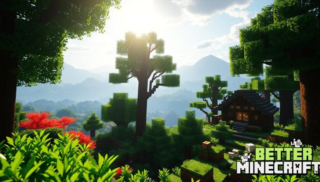 A lush, verdant Minecraft world, with vibrant foliage and towering trees. In the foreground, a collection of custom blocks and items from the "Better Minecraft" fabric modpack, showcasing its diverse additions to the game. The midground features a cozy, detailed cabin nestled among the landscape, its warm lighting casting a soft glow. In the background, rolling hills and distant mountains create a serene, atmospheric setting, bathed in the gentle rays of the sun. The scene conveys a sense of exploration, discovery, and the rich, enhanced gameplay experience that "Better Minecraft" offers players.