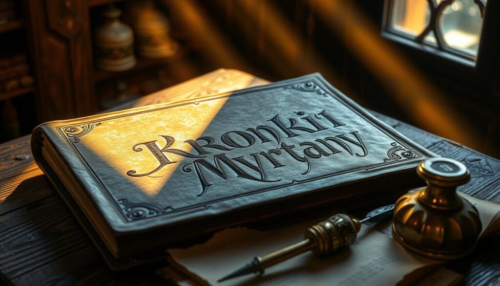 A medieval fantasy tome with a worn leather cover, resting on a weathered wooden table. The tome's title "Kroniki Myrtany" is embossed in an ornate script, evoking the rich lore of the Gothic 2 universe. Rays of warm, golden light stream through a nearby window, casting a soft glow on the scene. In the foreground, various parchment notes, quills, and a brass inkwell hint at the process of modding and modifying the game. The atmosphere is one of scholarly exploration, inviting the viewer to delve into the intricate world of Myrtany and its customization possibilities.