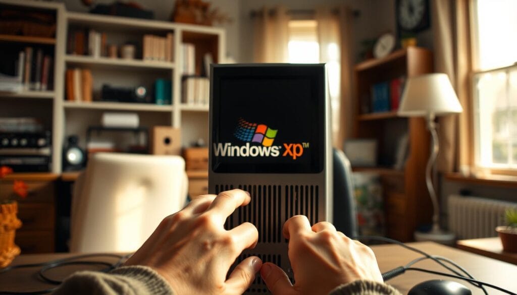 A meticulously detailed step-by-step process of installing Windows XP on a vintage desktop computer. The foreground depicts a user's hands carefully navigating through the installation wizard, with the computer's tower in the middle ground. The background showcases a cozy home office setting, complete with a desk, shelves, and subtle natural lighting filtering through the windows, creating a warm and focused atmosphere. The overall scene conveys a sense of focused dedication and technical proficiency in the task at hand. A meticulously detailed step-by-step process of installing Windows XP on a vintage desktop computer. The foreground depicts a user's hands carefully navigating through the installation wizard, with the computer's tower in the middle ground. The background showcases a cozy home office setting, complete with a desk, shelves, and subtle natural lighting filtering through the windows, creating a warm and focused atmosphere. The overall scene conveys a sense of focused dedication and technical proficiency in the task at hand.