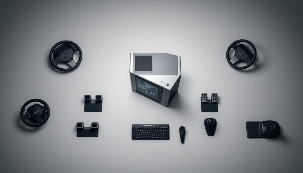 A minimalistic and technical still life depicting the hardware requirements for the video game Euro Truck Simulator 2. Centrally positioned on a clean, neutral background is a sleek, silver gaming desktop computer, its components subtly highlighted with soft, directional lighting. Surrounding the computer are various peripheral devices - a steering wheel, pedals, and a joystick - arranged in a precise, symmetrical layout, conveying a sense of order and precision. The overall scene has a muted, monochromatic color palette, emphasizing the technical nature of the subject matter. The lighting is subtle and evenly distributed, creating a sense of balance and clarity. The camera angle is positioned slightly above the scene, giving the viewer a birds-eye perspective and lending an air of detachment and professionalism. A minimalistic and technical still life depicting the hardware requirements for the video game Euro Truck Simulator 2. Centrally positioned on a clean, neutral background is a sleek, silver gaming desktop computer, its components subtly highlighted with soft, directional lighting. Surrounding the computer are various peripheral devices - a steering wheel, pedals, and a joystick - arranged in a precise, symmetrical layout, conveying a sense of order and precision. The overall scene has a muted, monochromatic color palette, emphasizing the technical nature of the subject matter. The lighting is subtle and evenly distributed, creating a sense of balance and clarity. The camera angle is positioned slightly above the scene, giving the viewer a birds-eye perspective and lending an air of detachment and professionalism.