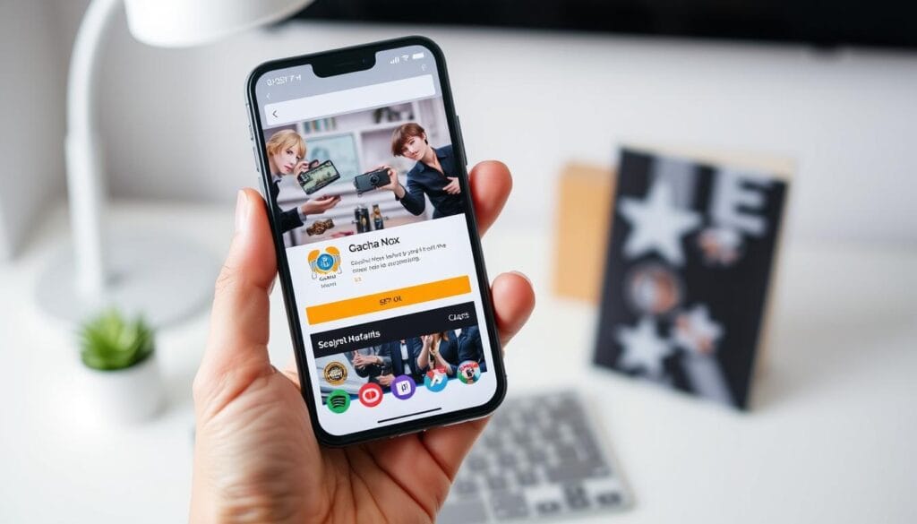 A mobile device, likely a smartphone or tablet, displayed prominently in the foreground, showcasing the Gacha Nox application interface. The device is held in a natural, hand-held position, allowing the user interface to be clearly visible. The background is slightly blurred, but conveys a modern, minimal setting, such as a desk or table, suggesting a home or office environment. The lighting is soft and diffused, creating a pleasant, inviting atmosphere. The overall composition emphasizes the ease and convenience of installing and using the Gacha Nox application on mobile devices. A mobile device, likely a smartphone or tablet, displayed prominently in the foreground, showcasing the Gacha Nox application interface. The device is held in a natural, hand-held position, allowing the user interface to be clearly visible. The background is slightly blurred, but conveys a modern, minimal setting, such as a desk or table, suggesting a home or office environment. The lighting is soft and diffused, creating a pleasant, inviting atmosphere. The overall composition emphasizes the ease and convenience of installing and using the Gacha Nox application on mobile devices.