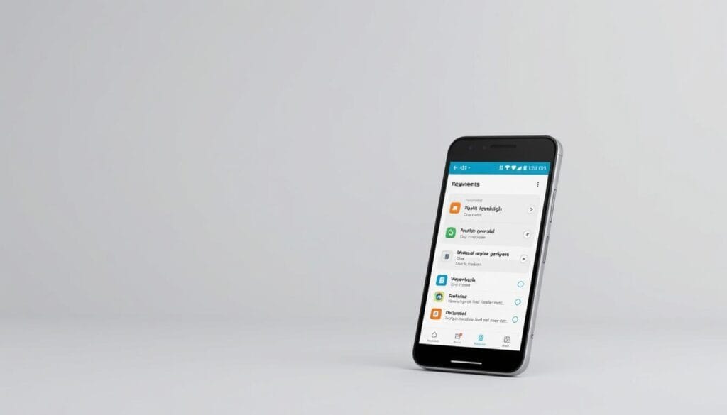 A modern, clean-looking mobile banking app interface, with a prominent section titled "Przygotowanie i instalacja aplikacji IKO na nowym telefonie". In the foreground, a smartphone displaying the app's technical requirements, such as supported operating systems, device compatibility, and minimum system specifications. The middle ground showcases the app's user-friendly design, with intuitive navigation menus and clear icons. The background features a subtle gradient or texture, conveying a sense of professionalism and security associated with a reliable banking application. The overall mood is calm, informative, and visually appealing, reflecting the content of the article section.