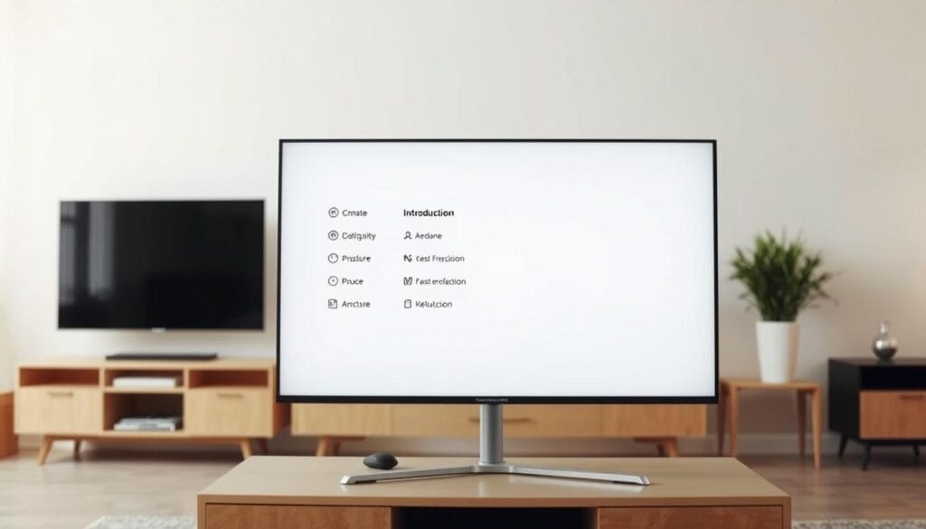 A modern, minimalist digital television display against a soft, blurred background. The screen shows a simple user interface with intuitive menu options, representing the introductory configuration process. Warm, indirect lighting casts a gentle glow, creating a welcoming, accessible atmosphere. The television is positioned in a clean, uncluttered living space, hinting at the seamless integration of digital technology into the home environment. The overall composition conveys a sense of ease and guidance for the viewer, reflecting the "Wprowadzenie" (Introduction) section of the article.